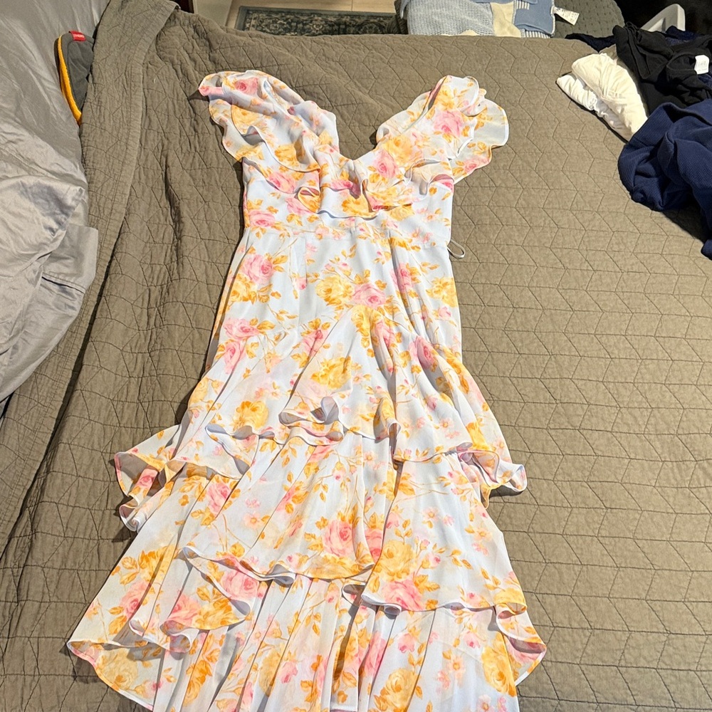Wayf High Low Dress with Pink and Yellow Floral Pattern